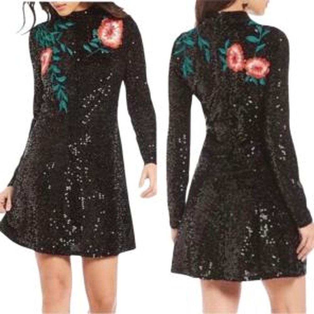 Gianni Bini Black Sequin Dress with Red and Green Floral Embroidery